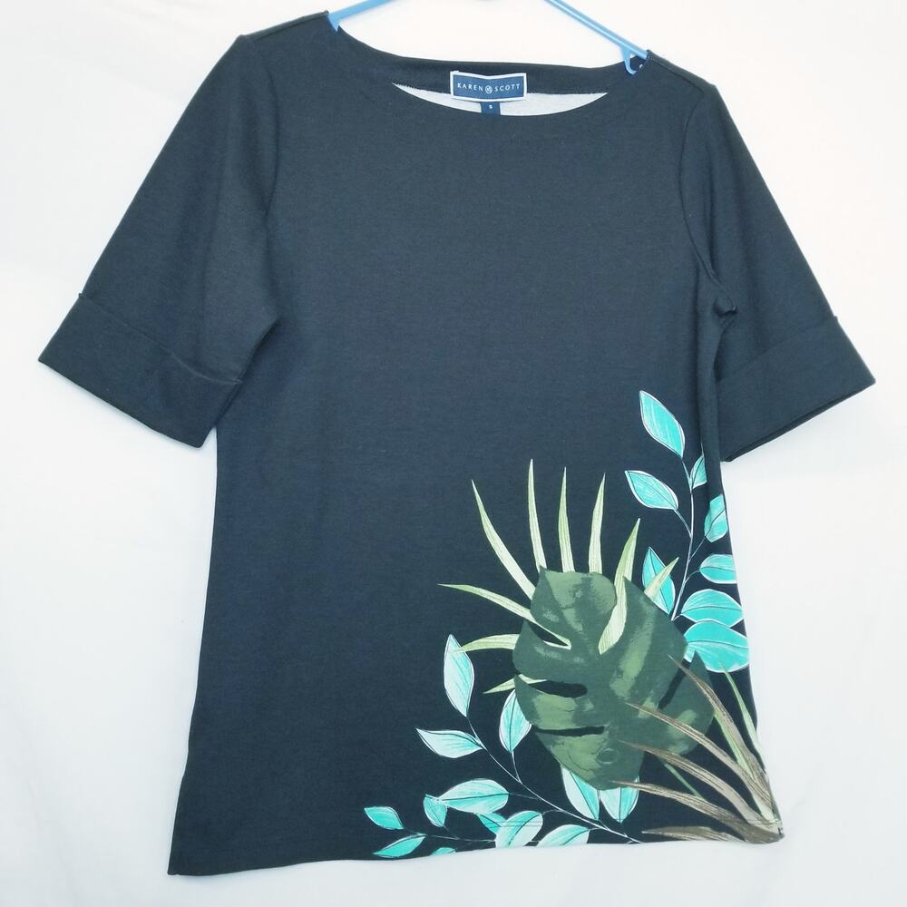 NWTs- Karen Scott Casual Black Pullover T Boat Neck Cuffed Sleeve Top Size Small